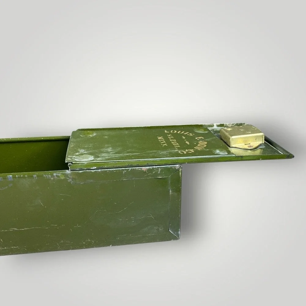 Safety Deposit Box Army Green Baked Enamel Metal 1940s Louis F Dow Co